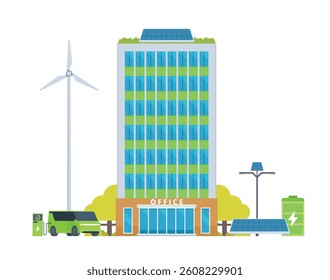 Green Sustainable Office Building Exterior with Solar Panels and Wind Turbines, Eco-Friendly Concept City Element. Vector illustration