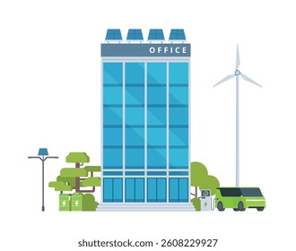 Green Sustainable Office Building Exterior with Solar Panels and Wind Turbines, Eco-Friendly Concept City Element. Vector illustration
