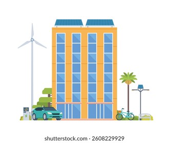 Green Sustainable Office Building Exterior with Solar Panels and Wind Turbines, Eco-Friendly Concept City Element. Vector illustration