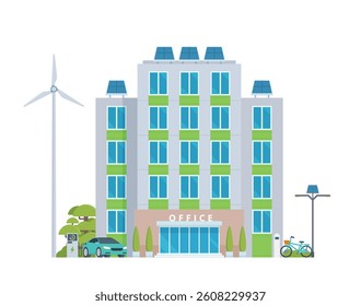 Green Sustainable Office Building Exterior with Solar Panels and Wind Turbines, Eco-Friendly Concept City Element. Vector illustration