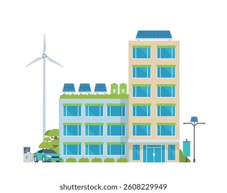 Green Sustainable Office Building Exterior with Solar Panels and Wind Turbines, Eco-Friendly Concept City Element. Vector illustration