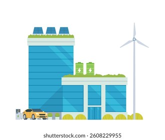 Green Sustainable Office Building Exterior with Solar Panels and Wind Turbines, Eco-Friendly Concept City Element. Vector illustration