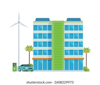 Green Sustainable Office Building Exterior with Solar Panels and Wind Turbines, Eco-Friendly Concept City Element. Vector illustration