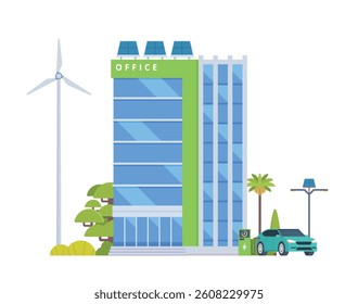 Green Sustainable Office Building Exterior with Solar Panels and Wind Turbines, Eco-Friendly Concept City Element. Vector illustration