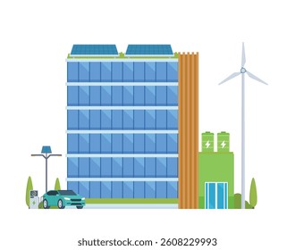 Green Sustainable Office Building Exterior with Solar Panels and Wind Turbines, Eco-Friendly Concept City Element. Vector illustration