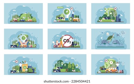 Green and sustainable power usage from recyclable resources to protect environment nature ecology. Recycle. Nature and renewable energy. Green energy and natural resource conservation. Earth day set