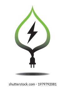 Green sustainable renewable alternative energy concept. A black electric lightning bolt surrounded by a leaf and power cord black to green gradient above a black to gray shadow. White background.