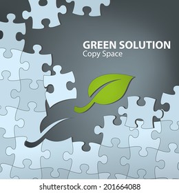 Green Sustainable Solution. Puzzle with green leaf as the missing piece. Fully scalable vector illustration.