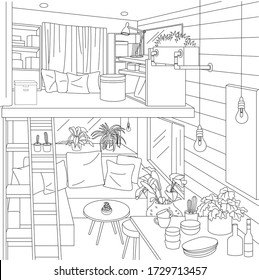 Green and Sustainable Tiny House Interior Outline