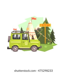 Green suv Parked Nest To The Camp Site. Cool Colorful Vector Illustration In Stylized Geometric Cartoon Design On White Background