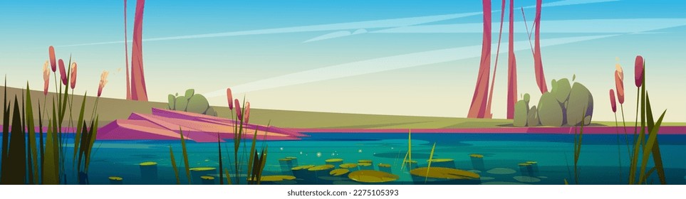 Green swamp and cattail near lake vector background. Pond in bush with bulrush in park. Dirty water in river cartoon illustration for fantasy game. Wild nature landscape with shining water surface