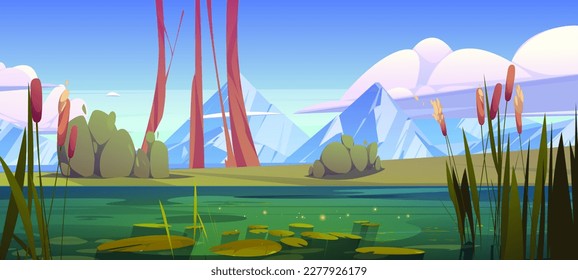 Green swamp and cattail near lake, mountain skyline vector background. Pond in bush with bulrush. Dirty water in river cartoon fantasy illustration. Wild nature landscape with shining water surface