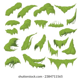 Green swamp jungle moss plant in forest nature different shape set isometric vector illustration. Exotic rainforest wild botanical fungal bush overgrown lichen for cover trees stones tropical element