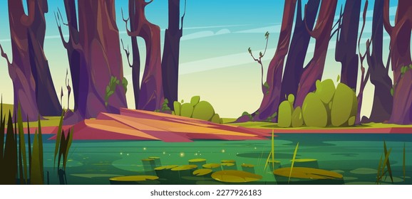 Green swamp or lake with waterlily vector background. Summer pond with bush in park. Dirty water in river with shining surface cartoon illustration for fantasy game. Foreground with wild landscape.