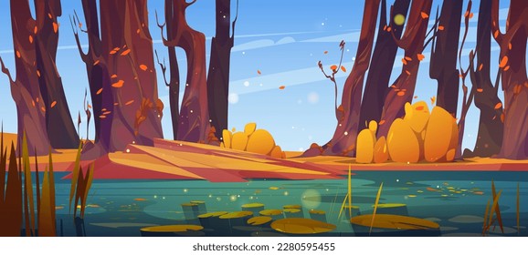 Green swamp or lake with waterlily vector background. Autumn pond with orange bush and falling leaves. Dirty water in river with shining surface cartoon illustration, wild landscape for fantasy game