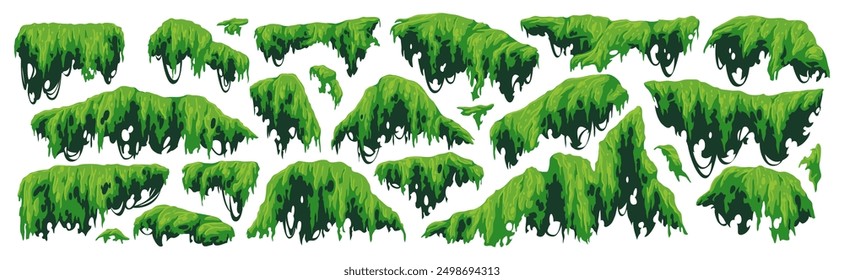 Green swamp moss. Hanging and creeping jungle plants, rainy forest and marsh flora, natural rocks lichen, game rainforest landscape elements, cartoon flat style isolated tidy vector set