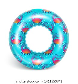 Green swimming circle with a pattern of crabs. Realistic image toy for children's games in the pool. Lifebuoy. Vector illustration.