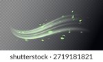 Green swirl elements with leaves, organic vortex motion and soft luminous curves. Natural freshness, herbal tones, botanical textures. Vitality and eco energy concept. Fresh air vector illustration