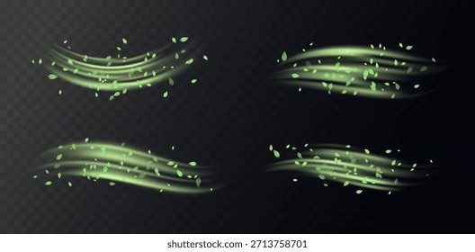 Elementos de remolino verde con hojas, movimiento de vórtice orgánico y curvas luminosas suaves. Frescura natural, tonos herbales, texturas botánicas. Concepto de vitalidad y energía ecológica. Ilustración vectorial de aire fresco