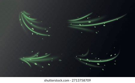 Elementos de remolino verde con hojas, movimiento de vórtice orgánico y curvas luminosas suaves. Frescura natural, tonos herbales, texturas botánicas. Concepto de vitalidad y energía ecológica. Ilustración vectorial de aire fresco