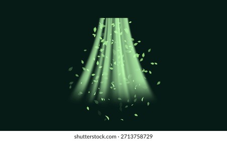 Elementos de remolino verde con hojas, movimiento de vórtice orgánico y curvas luminosas suaves. Frescura natural, tonos herbales, texturas botánicas. Concepto de vitalidad y energía ecológica. Ilustración vectorial de aire fresco