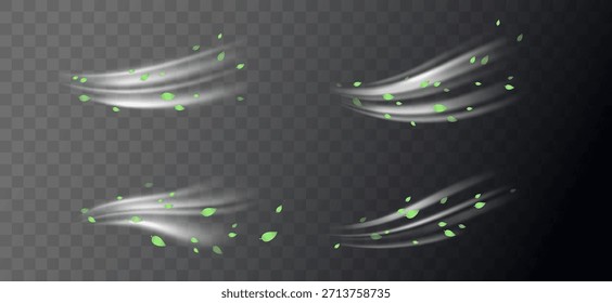 Elementos de redemoinho verde com folhas, movimento de vórtice orgânico e curvas luminosas suaves. Frescura natural, tons de ervas, texturas botânicas. Conceito de vitalidade e energia ecológica. Ilustração de vetor de ar fresco