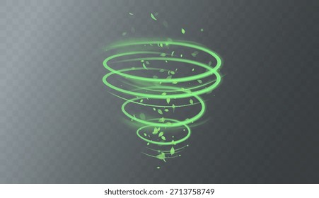 Elementos de remolino verde con hojas, movimiento de vórtice orgánico y curvas luminosas suaves. Frescura natural, tonos herbales, texturas botánicas. Concepto de vitalidad y energía ecológica. Ilustración vectorial de aire fresco