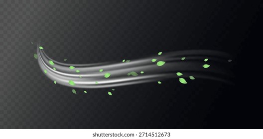 Elementos de remolino verde con hojas, movimiento de vórtice orgánico y curvas luminosas suaves. Frescura natural, tonos herbales, texturas botánicas. Concepto de vitalidad y energía ecológica. Ilustración vectorial de aire fresco