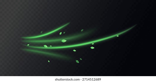 Elementos de redemoinho verde com folhas, movimento de vórtice orgânico e curvas luminosas suaves. Frescura natural, tons de ervas, texturas botânicas. Conceito de vitalidade e energia ecológica. Ilustração de vetor de ar fresco