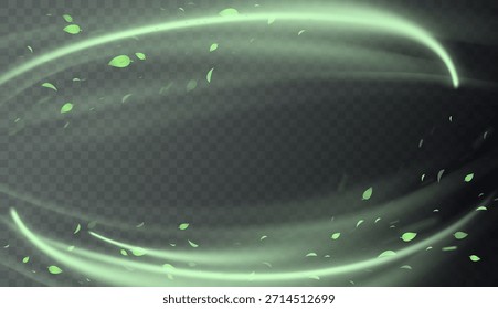 Elementos de remolino verde con hojas, movimiento de vórtice orgánico y curvas luminosas suaves. Frescura natural, tonos herbales, texturas botánicas. Concepto de vitalidad y energía ecológica. Ilustración vectorial de aire fresco
