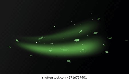 Elementos de redemoinho verde com folhas, movimento de vórtice orgânico e curvas luminosas suaves. Frescura natural, tons de ervas, texturas botânicas. Conceito de vitalidade e energia ecológica. Ilustração de vetor de ar fresco