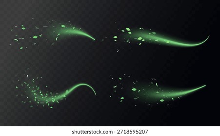 Elementos de redemoinho verde com folhas, movimento de vórtice orgânico e curvas luminosas suaves. Frescura natural, tons de ervas, texturas botânicas. Conceito de vitalidade e energia ecológica. Ilustração de vetor de ar fresco