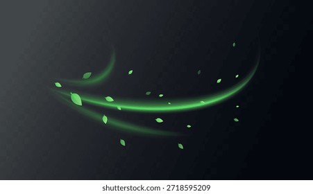 Elementos de redemoinho verde com folhas, movimento de vórtice orgânico e curvas luminosas suaves. Frescura natural, tons de ervas, texturas botânicas. Conceito de vitalidade e energia ecológica. Ilustração de vetor de ar fresco