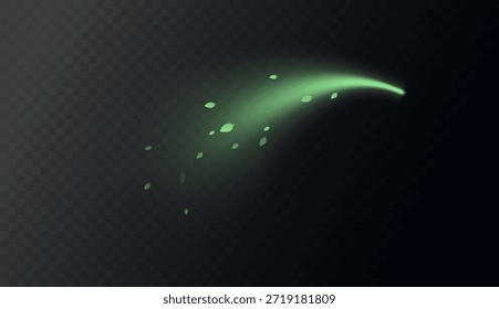 Elementos de redemoinho verde com folhas, movimento de vórtice orgânico e curvas luminosas suaves. Frescura natural, tons de ervas, texturas botânicas. Conceito de vitalidade e energia ecológica. Ilustração de vetor de ar fresco