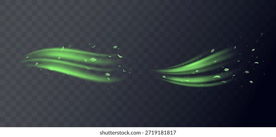 Elementos de redemoinho verde com folhas, movimento de vórtice orgânico e curvas luminosas suaves. Frescura natural, tons de ervas, texturas botânicas. Conceito de vitalidade e energia ecológica. Ilustração de vetor de ar fresco