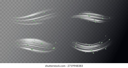 Elementos de redemoinho verde com folhas, movimento de vórtice orgânico e curvas luminosas suaves. Frescura natural, tons de ervas, texturas botânicas. Conceito de vitalidade e energia ecológica. Ilustração de vetor de ar fresco