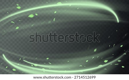 Green swirl elements with leaves, organic vortex motion and soft luminous curves. Natural freshness, herbal tones, botanical textures. Vitality and eco energy concept. Fresh air vector illustration
