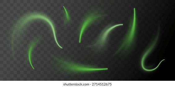 Elementos de remolino verde con movimiento orgánico y suaves curvas luminosas. Frescura natural, tonos herbales y texturas botánicas. Vórtice fresco, vitalidad y energía ecológica. Ilustración vectorial de movimientos aéreos