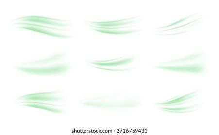 Elementos de remolino verde con movimiento orgánico y suaves curvas luminosas. Frescura natural, tonos herbales y texturas botánicas. Vórtice fresco, vitalidad y energía ecológica. Ilustración vectorial de movimientos aéreos