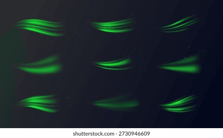 Elementos de remolino verde con movimiento orgánico y suaves curvas luminosas. Frescura natural, tonos herbales y texturas botánicas. Vórtice fresco, vitalidad y energía ecológica. Ilustración vectorial de movimientos aéreos