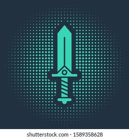 Green Sword for game icon isolated on blue background. Abstract circle random dots. Vector Illustration
