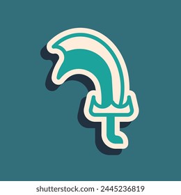 Espada verde para el icono del juego aislado en el fondo verde. Estilo de sombra larga. Vector