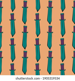 Green swords,seamless pattern on orange background.
