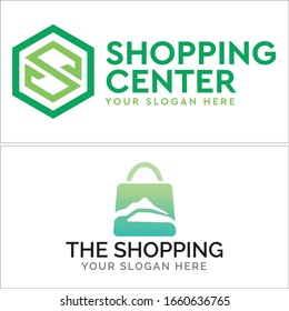 Green symbol icon logo shape hexagon and shop bag mountain line vector suitable for retail shopping web center provide selling