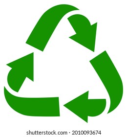 Green symbol for recycling. Three green arrows are rotating. Handling waste that is trash and is undergoing a transformation process, especially a smelting process. Recreate new materials.