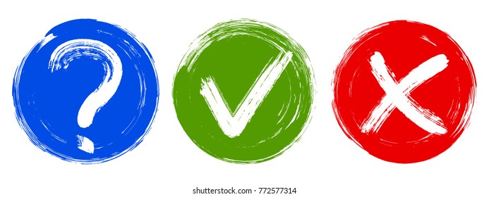 Green symbolic OK, red X icons, blue question in round check boxes. Query, tick and cross signs, check marks design. Approval or choice icons, decision making marks, survey or quiz checkmarks.