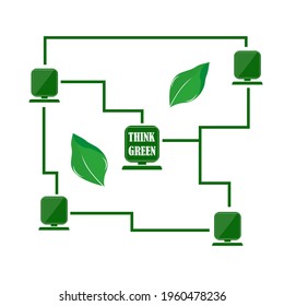 Green IT symbols - Computers united by one network. Environmental protection concept. Digital sustainability.