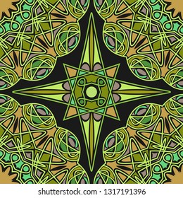 Green symmetric ornament on black background. Seamless background.