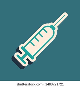 Green Syringe icon isolated on blue background. Syringe for vaccine, vaccination, injection, flu shot. Medical equipment. Long shadow style. Vector Illustration