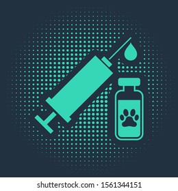 Green Syringe with pet vaccine icon isolated on blue background. Dog or cat paw print. Abstract circle random dots. Vector Illustration